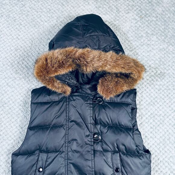 Vintage GAP Black Y2K Puffer Coat Fur Hood Cropped Babydoll 75% Down Warm - Picture 2 of 7